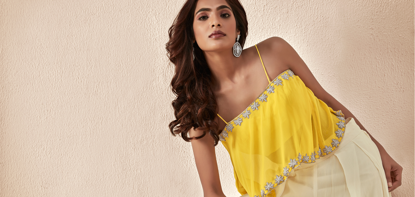 GEORGETTE YELLOW HAND EMBROIDERED CAMI & WHITE COLOUR PALAZZO